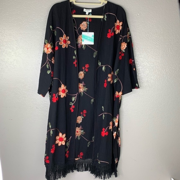 Umgee Black Gorgeous Embroidered Floral Fringed Cardigan Fringe is 2022 Trend - Picture 12 of 16